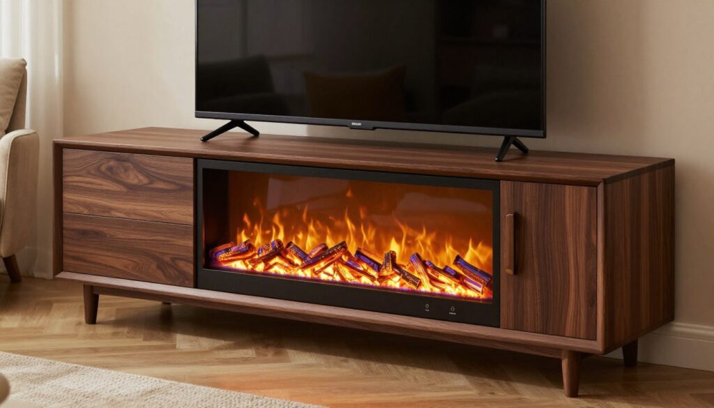 A modern electric fireplace media console, featuring a sleek and clean design, positioned prominently in the foreground. The console is made of rich, dark wood with elegant lines and spans the width of the image. Adjustable flame settings are showcased with vibrant colors, casting a warm glow and flickering light across the surrounding area. In the middle, a flat-screen TV rests atop the console, complementing its style. The background includes a cozy living room setting with soft, muted colors and comfortable furniture, creating an inviting atmosphere. Natural light filters through a nearby window, enhancing the overall warmth and homeliness of the scene. Capture this image from a slightly elevated angle, highlighting the console's features while maintaining a balanced composition.