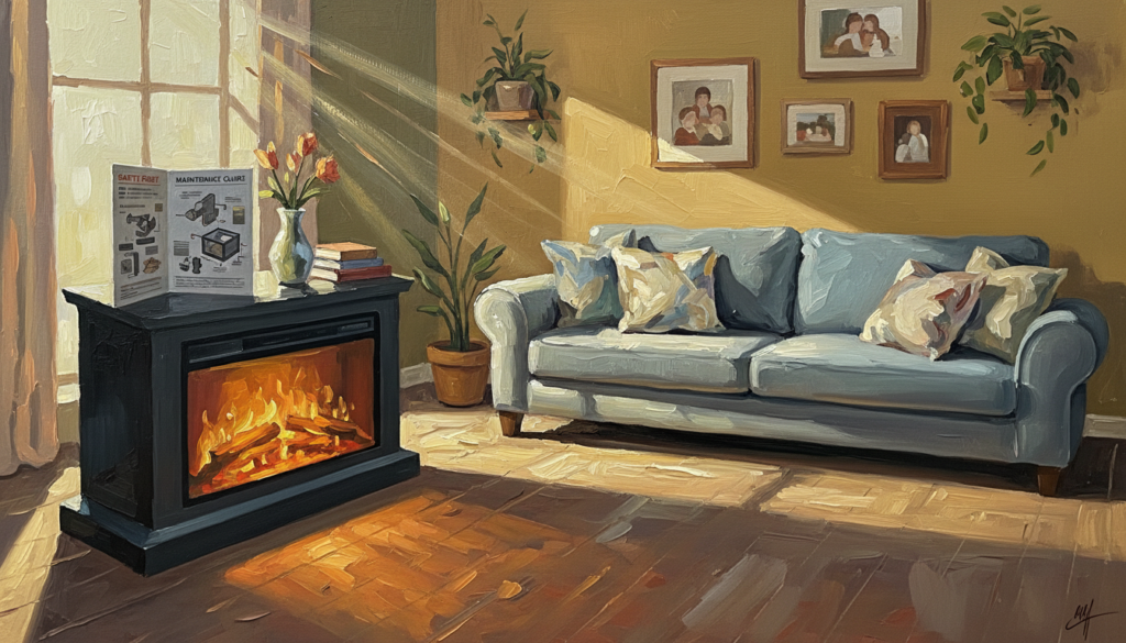 A modern electric fireplace media console in a cozy living room setting, showcasing its safety ratings maintenance guide. In the foreground, a stylish media console with an electric fireplace prominently displayed, radiating soft, warm light. On top, an open maintenance guide with diagrams and safety tips visible, placed neatly beside decorative items. In the middle ground, a plush, inviting sofa with muted colors, making the space feel welcoming and safe. The background features a well-lit, neutral-toned wall adorned with family-friendly decor, such as framed pictures and plants. The scene captures a serene, dependable atmosphere, emphasizing home safety and warmth, with natural light streaming in from a nearby window, softly illuminating the entire space.