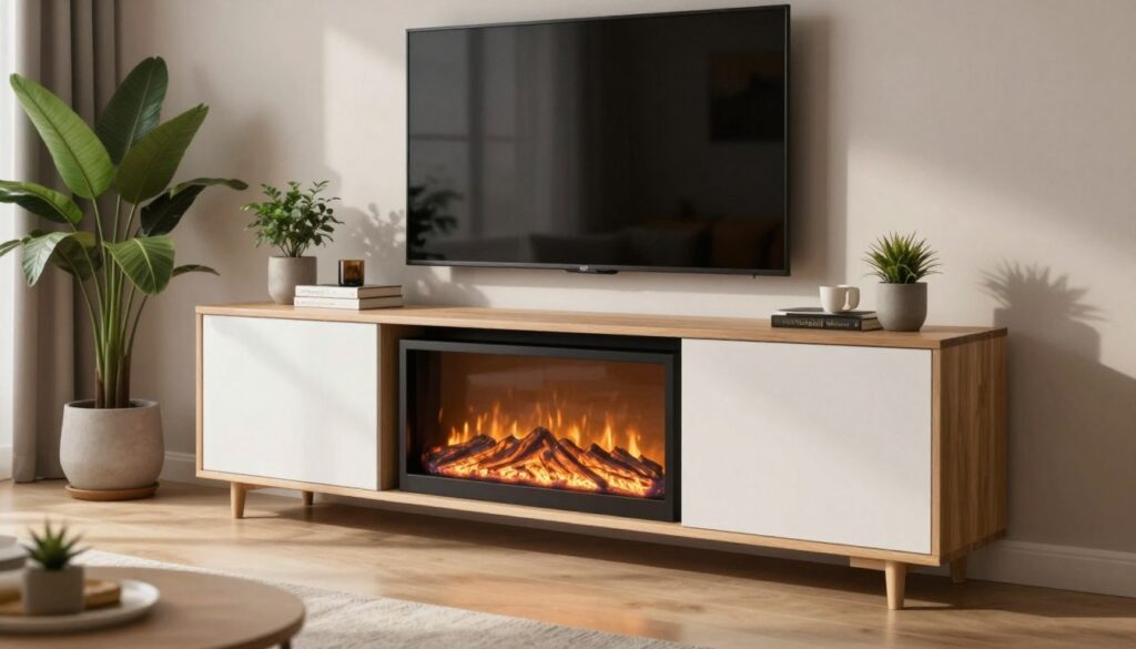 A modern fireplace TV console with sleek, minimalist design elements. The foreground features a beautifully arranged console with a built-in electric fireplace, showcasing clean lines, soft white cabinetry, and warm wooden accents. A large flat-screen TV sits elegantly above the fireplace, seamlessly integrated into the design. The middle ground includes stylish decorative items like potted plants and books, adding a touch of greenery and personality. In the background, a cozy living room setting with muted tones and soft lighting creates a warm atmosphere. Natural light filters in through large windows, casting gentle shadows and enhancing the serene vibe. The image conveys a contemporary and inviting atmosphere, perfect for a stylish home. A modern fireplace TV console with sleek, minimalist design elements. The foreground features a beautifully arranged console with a built-in electric fireplace, showcasing clean lines, soft white cabinetry, and warm wooden accents. A large flat-screen TV sits elegantly above the fireplace, seamlessly integrated into the design. The middle ground includes stylish decorative items like potted plants and books, adding a touch of greenery and personality. In the background, a cozy living room setting with muted tones and soft lighting creates a warm atmosphere. Natural light filters in through large windows, casting gentle shadows and enhancing the serene vibe. The image conveys a contemporary and inviting atmosphere, perfect for a stylish home.