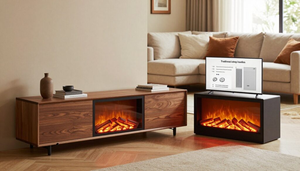 A modern living room featuring a sleek TV stand with a built-in electric fireplace, glowing softly in warm orange and red hues. In the foreground, the TV stand is elegantly designed with smooth wood finishes and minimalist decor. Beside it, an infographic-style comparison showing traditional heating methods like radiators and gas heaters, represented with subtle icons. In the middle background, a cozy sofa invites relaxation, adorned with plush cushions. Soft natural lighting from a nearby window enhances the inviting atmosphere. Captured from a slightly elevated angle to give depth, the scene conveys a warm and comfortable mood, symbolizing efficiency in home heating.