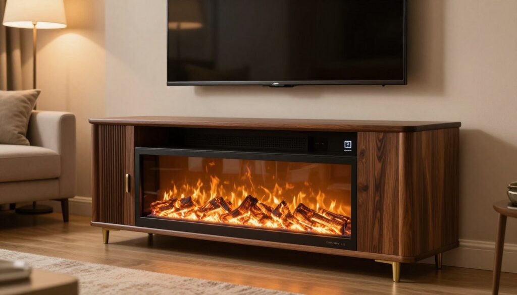 A modern living room featuring a sleek electric fireplace TV stand, with realistic flames flickering gently behind a glass front. The stand displays an elegant design, combining dark wood and metal accents, and holds a flat-screen TV mounted above. In the foreground, focus on the warm glow emanating from the fireplace, highlighting its heat output while casting soft shadows around the room. In the middle, incorporate energy-efficient labels subtly displayed near the unit, showcasing temperature controls and energy-saving features. The background should suggest a cozy atmosphere with a plush sofa, inviting cushions, and a softly lit ambiance created by recessed ceiling lights. The overall mood is warm and inviting, emphasizing energy efficiency and the comforting presence of the fireplace.