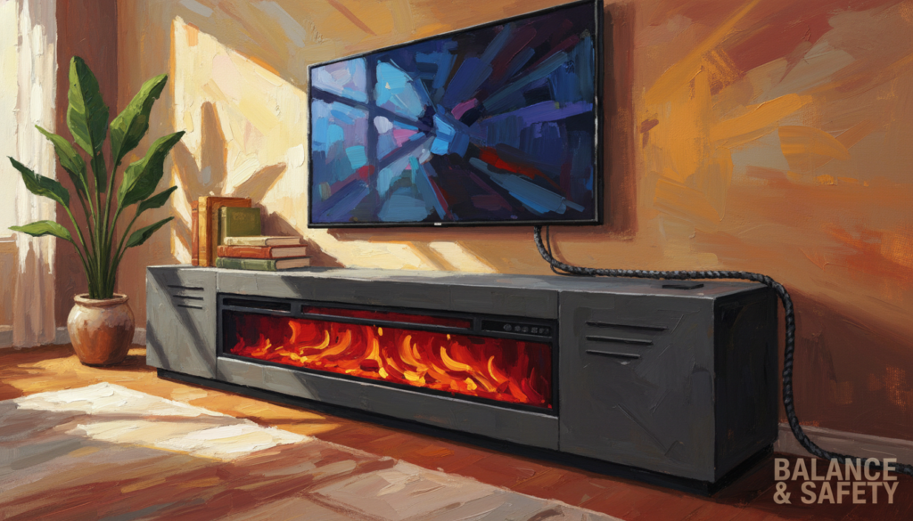 A modern living room featuring a sleek fireplace console designed for electronics. In the foreground, a stylish TV stand integrates a realistic electric fireplace, displaying vibrant flames and glowing embers. The console includes built-in ventilation, heat-resistant materials, and cord management systems for safety. In the middle ground, a large flat-screen TV is mounted above, surrounded by decorative elements like potted plants and books. The background showcases a cozy atmosphere with warm-toned lighting, emphasizing the inviting glow of the fireplace. The scene is viewed from a slightly low angle, enhancing the impressive height of the console while ensuring clarity of safety features. A harmonious and warm ambiance invites viewers to consider the balance of aesthetics and safety in modern designs.