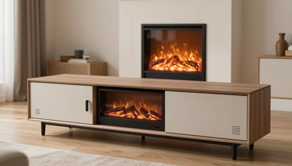 A modern living room featuring a stylish TV stand designed for safety and ventilation for electric fireplace inserts. In the foreground, highlight the TV stand with open compartments showcasing ventilation grilles and electrical safety features. The middle ground should depict a cozy electric fireplace insert seamlessly integrated into the stand, glowing softly, with realistic flame effects. The background contains an inviting home environment with neutral-toned walls and a warm ambiance, lit by soft, natural light coming from a nearby window. Capture the mood of safety and comfort, emphasizing professionalism and the importance of proper equipment for fire safety. Use a wide-angle lens for an inviting perspective, ensuring clarity and detail in both the electric insert and the furniture design.
