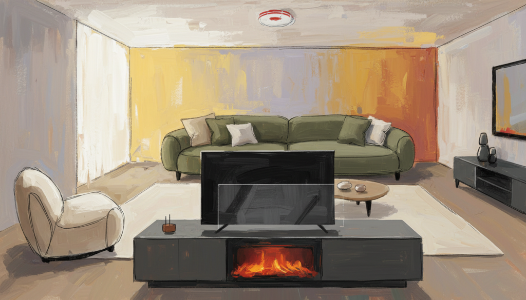 A modern living room featuring a stylish TV stand integrated with an electric fireplace. The foreground showcases the TV stand with safety features highlighted, such as proper spacing from nearby furniture and a clear visibility to prevent hazards. In the middle ground, a cozy sofa is arranged thoughtfully, allowing comfortable viewing while maintaining safety distance. In the background, warm ambient lighting casts a welcoming glow throughout the space, accentuating safety precautions like a smoke detector on the ceiling. The angle is slightly elevated, providing a comprehensive view of the room placement that emphasizes safety and comfort. The atmosphere is inviting and safe, with neutral colors and plush furnishings creating a harmonious environment.