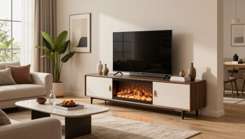 A modern living room featuring a stylish and affordable fireplace TV stand as the focal point. In the foreground, the fireplace TV stand is elegantly designed with a sleek finish and decorative accents, holding a large flat-screen TV. Flanking the stand are thoughtfully arranged decorative items, such as vases and books, adding warmth. In the middle ground, a cozy seating area with a plush sofa and contemporary coffee table invites comfort, adorned with soft furnishings in neutral shades. The background reveals large windows with natural light streaming in, complemented by minimalist wall decor and lush indoor plants. The atmosphere is inviting and sophisticated, captured in soft, warm lighting, creating a tranquil yet modern vibe. Use a wide-angle lens to enhance the spacious feel of the living room scene.