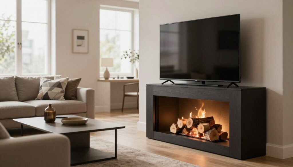 A modern living room featuring a stylish fireplace stand that accommodates a sleek flat-screen TV. In the foreground, the fireplace stand showcases a warm and inviting setup, with logs neatly arranged and a soft glow emanating from the fireplace. The middle ground contains a contemporary couch adorned with geometric-patterned cushions, positioned to face the TV. A minimalist coffee table holds a few decorative items, enhancing the aesthetic. In the background, large windows let in natural light, illuminating the room and highlighting neutral-toned walls. The overall mood is cozy yet sophisticated, emphasizing a harmonious blend of comfort and modern design. The perspective is slightly angled to capture the depth of the space and the interplay of light and shadow.