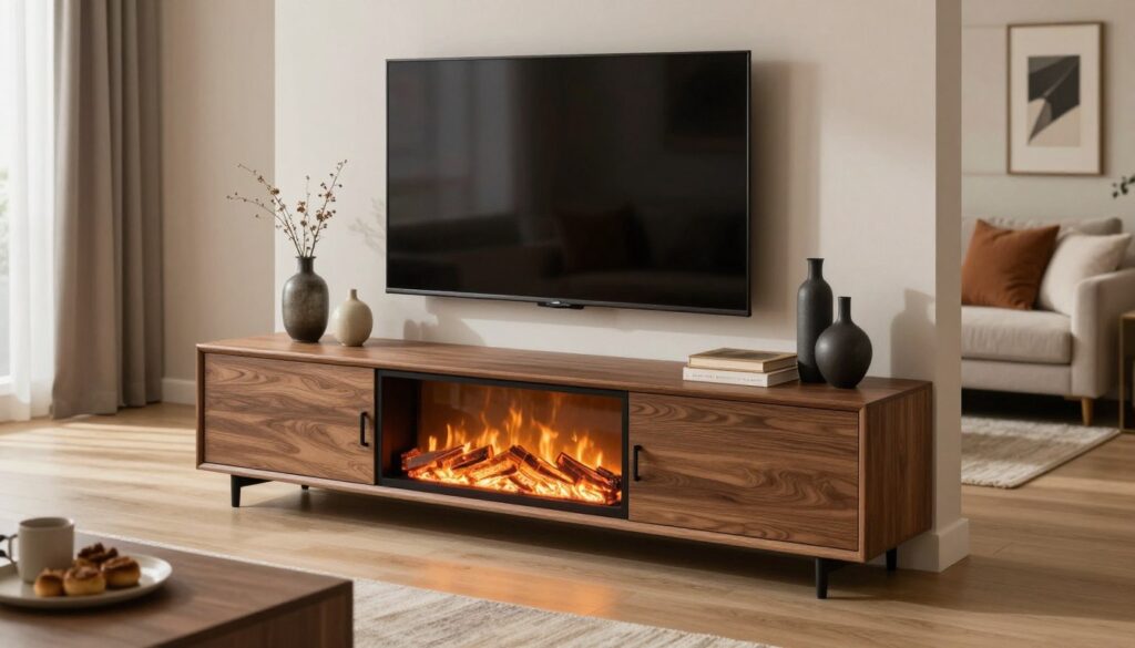A modern living room featuring a stylish fireplace tv stand as the focal point. In the foreground, the sleek wooden tv stand with an integrated electric fireplace, glowing warmly, creates a cozy ambiance. The middle ground showcases a large flat-screen TV mounted above the stand, surrounded by tasteful decor items such as elegant vases and framed art. In the background, soft lighting illuminates a stylish sofa arrangement with plush cushions, inviting relaxation. The room is designed with neutral tones and pops of color, enhancing the welcoming atmosphere. Natural light streams through a nearby window, casting gentle shadows. Capture the scene from a slightly elevated angle, focusing on the harmony between the fireplace and the overall decor, evoking a sense of warmth and sophistication in a contemporary living space.