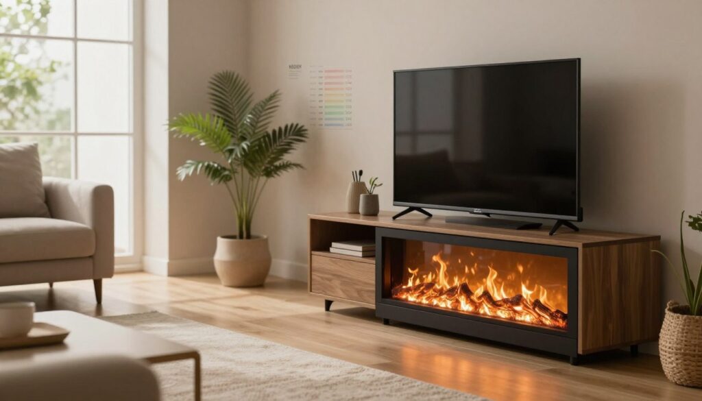A modern living room featuring an electric fireplace TV stand, showcasing a cozy and inviting atmosphere. In the foreground, the electric fireplace emits a warm glow, with flickering flames reflecting off the polished surface of the TV stand. A stylishly arranged room, with neutral-toned furniture and greenery, emphasizes comfort. In the middle ground, a subtle infographic illustrating energy consumption data integrates harmoniously with the environment, without overpowering the visual. The background includes a large window with natural light streaming in, softly illuminating the scene. Use soft, warm lighting to enhance the cozy feel, shot from a slightly angled perspective to capture the depth of the space, conveying a sense of tranquility while hinting at the environmental impact of electric appliances.