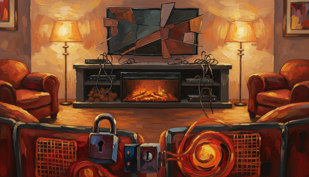A modern living room featuring an electric fireplace entertainment center designed with a focus on safety features. In the foreground, close-up details of safety guards and ventilation systems are highlighted, showcasing key elements like a childproof lock and heat-resistant materials. The middle ground includes the sleek electric fireplace unit positioned under a large flat-screen TV, with visible safety measures such as cable management and sturdy supports. In the background, a cozy yet sophisticated room ambiance is created with softly lit lamps and comfortable seating, enhancing the warm atmosphere. The lighting is warm and inviting, emphasizing the safety features while projecting a sense of family-friendly comfort. The angle captures the entertainment center head-on to showcase its functionality and design.