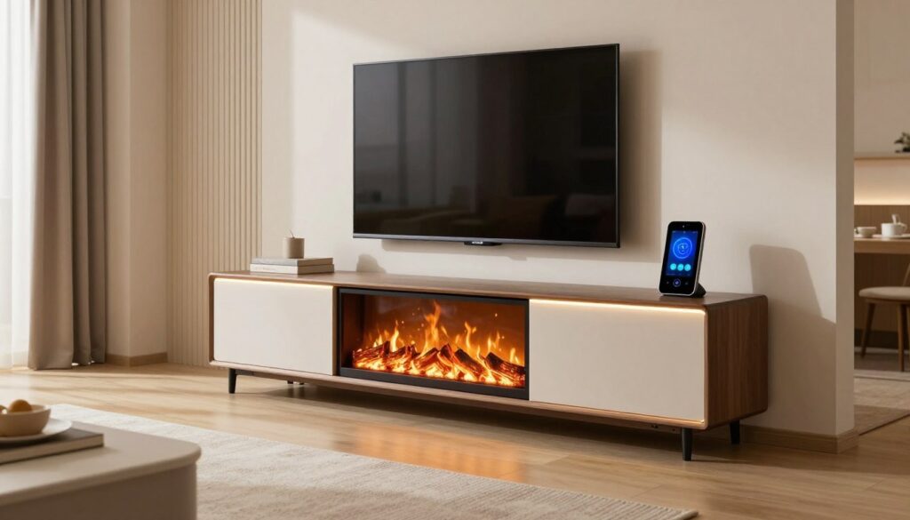 A modern living room featuring an energy efficient fireplace TV stand with smart features. The stand is elegantly designed with sleek lines, integrated LED lighting, and a digital control panel that showcases its innovative technology. In the foreground, display a cozy, crackling fireplace effect, radiating warmth and ambiance. The middle ground includes the TV mounted above the stand, with the flicker of virtual flames reflecting off its screen. The background shows a stylish, well-lit room with minimalistic decor, soft neutral tones, and large windows allowing natural light to stream in. The mood is warm and inviting, emphasizing sustainability and comfort, captured in soft, diffused lighting using a wide-angle lens to create an expansive view of the space.
