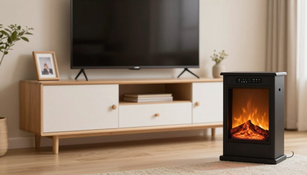 A modern living room scene featuring a stylish TV stand designed to accommodate an electric fireplace insert. In the foreground, showcase a sleek electric fireplace with flame effects, highlighting features such as adjustable heat settings and a remote control. In the middle, place a contemporary TV stand with storage options, emphasizing the spacious area above for a large flat-screen television. The background features a cozy room with warm lighting, soft neutral colors, and decorative elements like framed photos and plants, creating an inviting atmosphere. Use soft focus to enhance the warmth of the setting, while ensuring a clear view of the compatibility factors, such as dimensions and electrical requirements, that would interest potential buyers. The mood is welcoming and informative, embodying the concept of functional home decor.