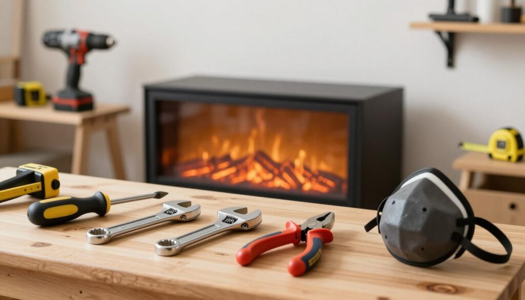 A neatly organized array of tools laid out on a wooden workbench in a well-lit workshop setting. Foreground features a screwdriver, adjustable wrench, pliers, and a dust mask, all focused and sharp in detail. In the middle, a compact electric fireplace partially removed from a sleek TV stand, showcasing its wiring and construction. The background presents shelves with additional tools, such as a drill and measuring tape, softly blurred to emphasize the workspace ambiance. The lighting is bright but warm, creating a welcoming atmosphere that conveys a sense of productivity and DIY spirit. Shot at a slight angle to best capture the tools and fireplace, ensuring clarity without overcrowding the composition.