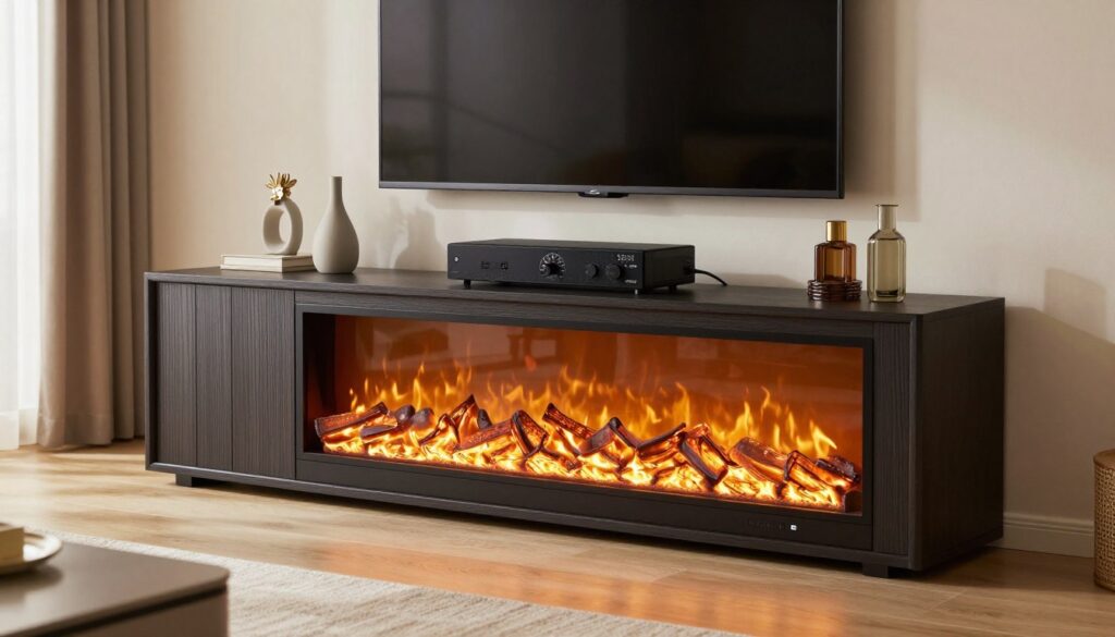 A sleek electric fireplace media center, prominently displayed in a modern living room setting. In the foreground, showcase the intricate design of the fireplace with glowing embers and realistic flame effects, creating a warm ambiance. In the middle ground, depict a stylish TV mounted above, with an organized setup of media equipment and decorative items on either side. The background features soft, natural light streaming through large windows, illuminating the room in a cozy yet professional atmosphere. Use a balanced composition to convey a sense of comfort and sophistication. Capture the scene from a slightly elevated angle, emphasizing both the fireplace and media center, while maintaining clarity in the details of power usage gauges subtly integrated into the design. The overall mood is inviting and modern, perfect for illustrating the concept of energy efficiency. A sleek electric fireplace media center, prominently displayed in a modern living room setting. In the foreground, showcase the intricate design of the fireplace with glowing embers and realistic flame effects, creating a warm ambiance. In the middle ground, depict a stylish TV mounted above, with an organized setup of media equipment and decorative items on either side. The background features soft, natural light streaming through large windows, illuminating the room in a cozy yet professional atmosphere. Use a balanced composition to convey a sense of comfort and sophistication. Capture the scene from a slightly elevated angle, emphasizing both the fireplace and media center, while maintaining clarity in the details of power usage gauges subtly integrated into the design. The overall mood is inviting and modern, perfect for illustrating the concept of energy efficiency.