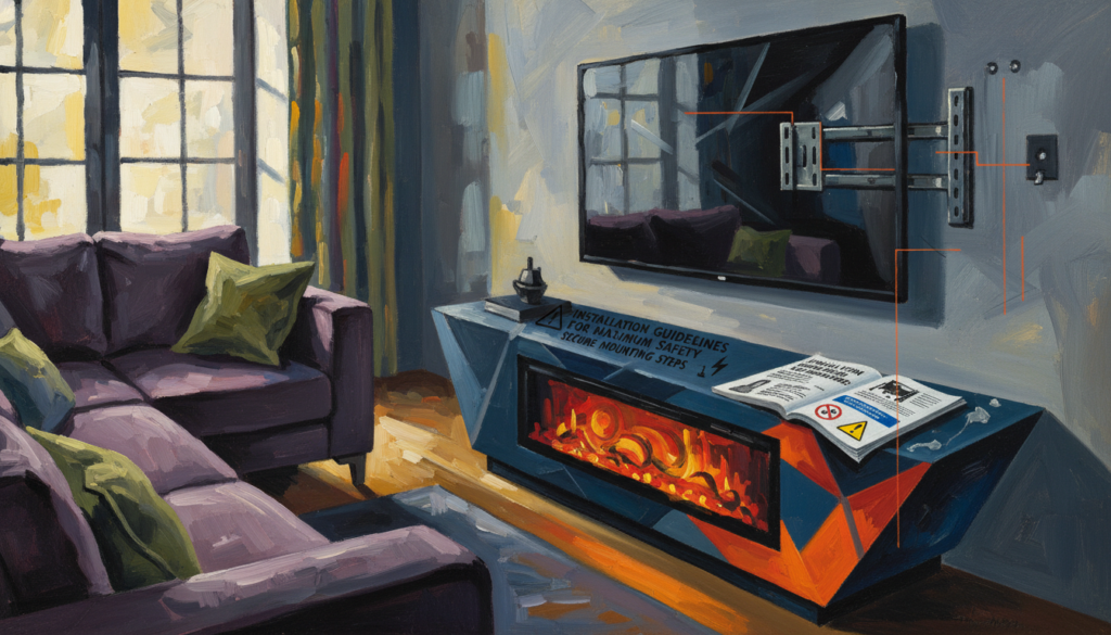 A sleek, modern living room featuring a stylish electric fireplace TV stand, showcasing installation guidelines for maximum safety. In the foreground, the TV stand is elegantly designed with a contemporary electric fireplace beneath, surrounded by safety warnings and installation tips displayed on an open manual, emphasizing secure mounting. In the middle, a large flat-screen TV is mounted safely above the fireplace, with visible wall brackets demonstrating proper installation techniques. The background features a cozy ambiance with warm lighting from the fireplace, soft sofa, and tasteful décor, creating a welcoming atmosphere. The scene is viewed from a slightly elevated angle, enhancing the focus on the TV stand and fireplace while highlighting safety features, with natural light filtering in through a nearby window for an inviting feel.