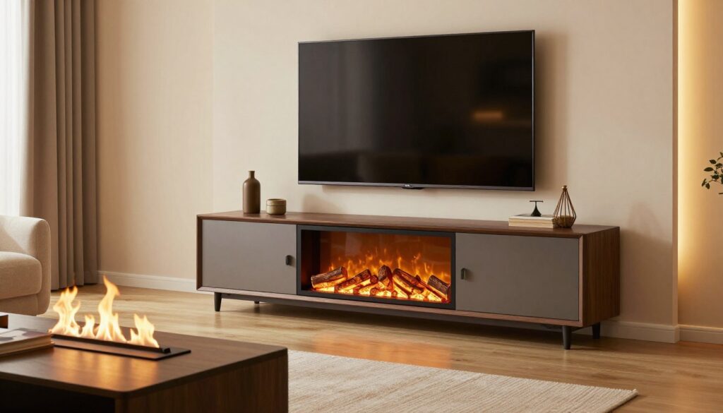 A spacious living room featuring a stylish electric fireplace TV stand, designed for large rooms, displaying its key safety features. In the foreground, a modern fireplace with a realistic flame effect and decorative logs creates a cozy atmosphere. The middle section showcases the TV stand, constructed with durable materials, incorporating safety features like rounded edges and a stable base for secure installation. A large flat-screen TV is mounted above the fireplace, enhancing the contemporary look. The background includes soft ambient lighting, accentuating the warm colors of the room, with plush furniture and tasteful decorations that suggest comfort and functionality. The overall mood is inviting and secure, ideal for any large gathering space.