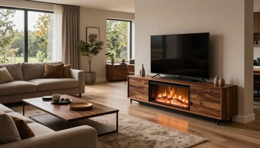 A spacious, modern living room featuring a stylish TV stand with an integrated electric fireplace. The fireplace is lit, casting a warm, inviting glow across the room. In the foreground, the TV stand is made of dark wood, elegantly displaying a flat-screen television above the fireplace. In the middle ground, plush sofas are arranged around a sleek coffee table, adorned with decorative items, creating a cozy atmosphere. The background showcases large windows with soft, natural light streaming in, revealing a view of lush greenery outside. The color palette includes earthy tones, enhancing the relaxing vibe. The scene is captured from a slightly elevated angle, emphasizing the spaciousness and comfort of the room, with a focus on ambient lighting that complements the fireplace's warmth. A spacious, modern living room featuring a stylish TV stand with an integrated electric fireplace. The fireplace is lit, casting a warm, inviting glow across the room. In the foreground, the TV stand is made of dark wood, elegantly displaying a flat-screen television above the fireplace. In the middle ground, plush sofas are arranged around a sleek coffee table, adorned with decorative items, creating a cozy atmosphere. The background showcases large windows with soft, natural light streaming in, revealing a view of lush greenery outside. The color palette includes earthy tones, enhancing the relaxing vibe. The scene is captured from a slightly elevated angle, emphasizing the spaciousness and comfort of the room, with a focus on ambient lighting that complements the fireplace's warmth.