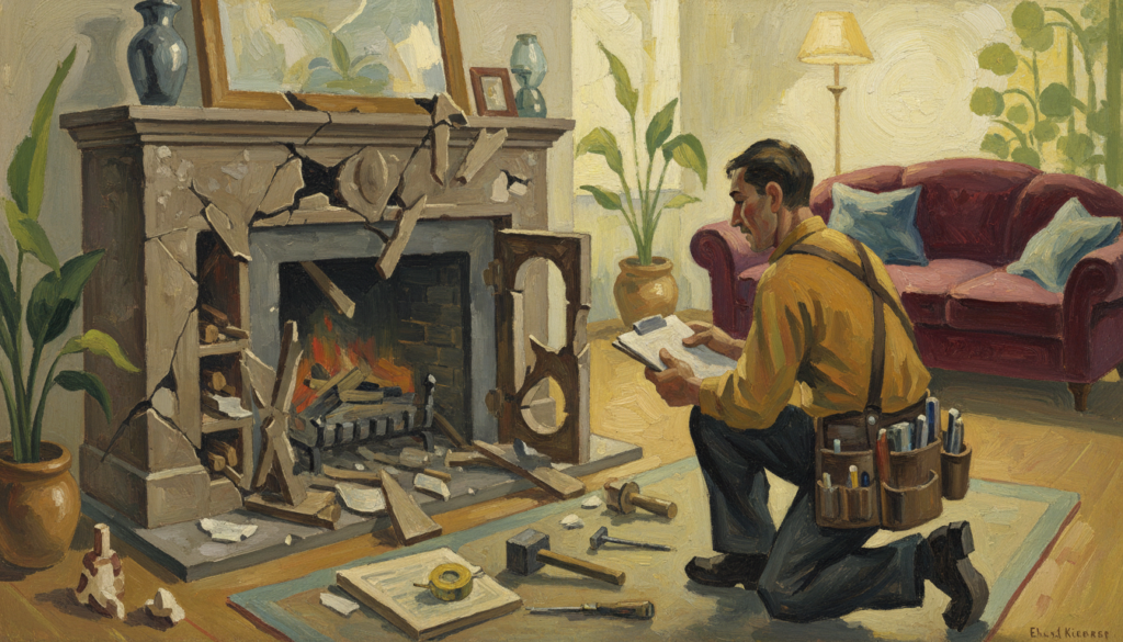 A spacious, well-lit living room featuring a damaged media console fireplace as the focal point, showcasing visible structural damage such as cracked wood, broken shelves, and uneven surfaces. In the foreground, a professional wearing a tool belt and modest casual clothing examines the damage with a clipboard in hand, demonstrating a thoughtful approach to repair. In the middle layer, various tools like a hammer, screwdriver, and measuring tape are scattered around the console, emphasizing the repair process. The background displays a cozy, inviting ambiance with soft lighting, plants, and a comfy sofa, creating a stark contrast to the repair work. The atmosphere is one of diligence and hope, symbolizing transformation and restoration.