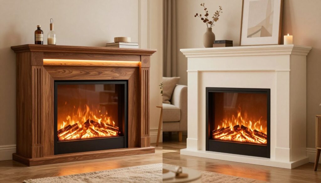 A split-screen comparison of a high-end fireplace entertainment center and a budget model, showcasing essential features. In the foreground, the elegant premium model boasts sleek wood finishes, integrated LED lighting, and a realistic, flickering flame effect. The middle ground highlights the basic budget model with a simple design and basic heating functionality. The background features a warmly lit living room setting with modern decor, emphasizing comfort and style. Use soft, inviting lighting to create a cozy atmosphere, with a slightly blurred depth of field focused on the fireplace units. The camera angle should be slightly elevated to capture the full height of both models, inviting viewers to appreciate the differences in craftsmanship and design.