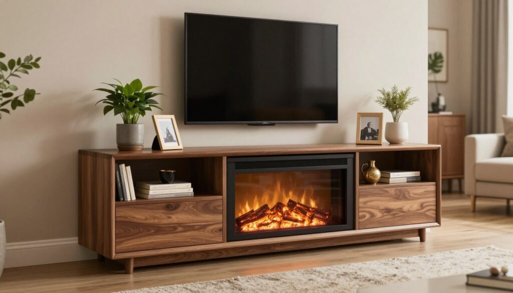 A stylish TV stand with an integrated electric fireplace features modern storage shelves filled with decorative items and books. In the foreground, the fireplace emits a warm glow, illuminating the wooden texture of the cabinet. The middle section showcases the sleek TV positioned above the fireplace, flanked by open shelves displaying plants and framed photos, enhancing the cozy appeal. The background is a softly lit living room setting with neutral tones, a plush rug, and a comfortable sofa. The atmosphere is inviting and elegant, captured with a warm color palette. The image is framed in a slightly angled view, providing depth and focus on the functional yet decorative aspects of this home feature. The lighting should softly highlight the details, bringing the scene to life.