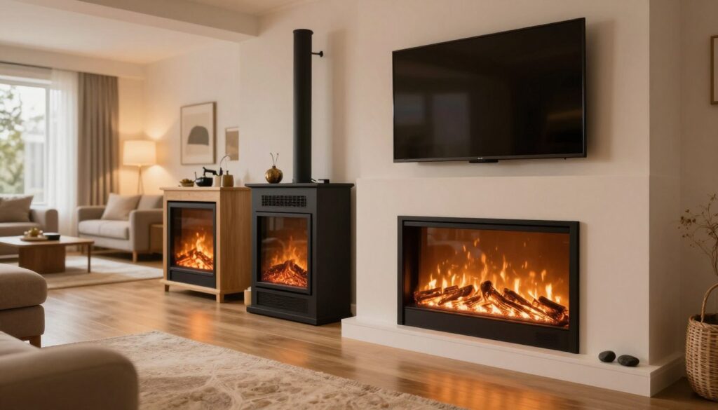 A stylish and modern entertainment center featuring various innovative fireplace insert alternatives, set in a cozy living room. In the foreground, showcase a sleek electric fireplace insert with realistic flames, surrounded by decorative stones, beneath a mounted flat-screen TV. In the middle ground, include two additional options: a compact ethanol fireplace and a decorative electric firebox, both elegantly designed. The background reveals a well-lit, inviting living space with warm, soft lighting, emphasizing a comfortable atmosphere. Use a wide-angle lens perspective to capture the full scene, with a focus on warm tones that suggest relaxation and social gatherings. The mood should be inviting, highlighting creative alternatives to traditional fireplace inserts without showcasing any clutter or distractions.