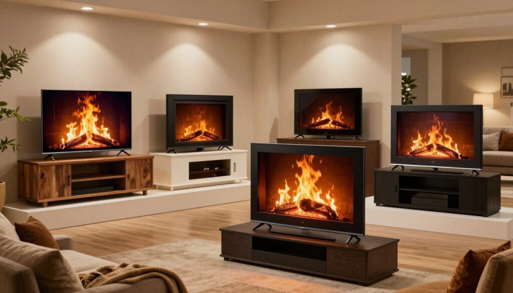 A stylish display of popular fireplace TV models arranged elegantly in a modern showroom. In the foreground, showcase a sleek, contemporary fireplace stand with a large, LED screen showing a flickering fire animation, surrounded by cozy decor elements like cushions and a throw blanket. In the middle ground, feature several other fireplace TV models with various designs: one with a rustic wooden finish and another with a minimalist black frame, all lit softly from overhead lights to enhance their features. The background should include stylish furnishings, creating a warm and inviting atmosphere with soft shadows and a subtle glow from the fireplace units. The camera angle should be slightly elevated, providing a panoramic view that highlights the variety of models while maintaining a focus on the detail and craftsmanship of each piece.