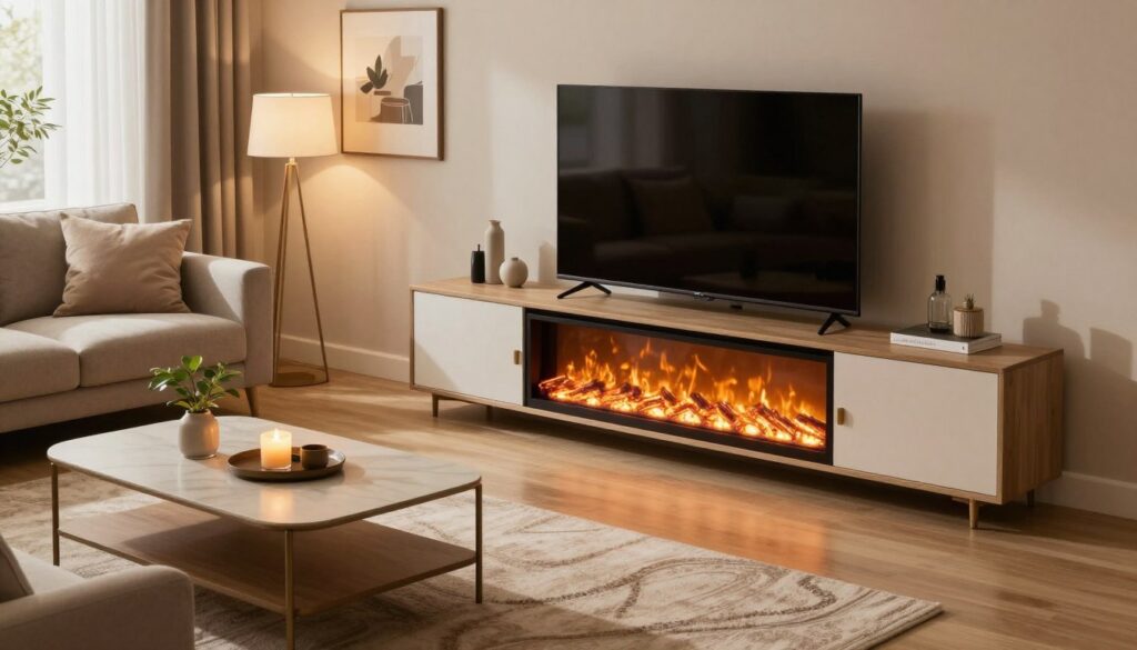 A stylish electric fireplace entertainment center layout featuring a modern design. In the foreground, showcase a sleek, wall-mounted electric fireplace with a realistic flame effect, surrounded by an elegant TV stand displaying a flat-screen television. The middle section features a comfortable couch adorned with soft throw pillows and a coffee table with tasteful decor, like a candle and a small plant. The background displays a cozy living room with neutral tones, soft ambient lighting from lamps, and framed artwork on the walls. The overall mood is inviting and warm, creating a contrast between modern aesthetics and comfort. Use a warm color palette with soft shadows, shot from a slightly elevated angle to capture the entire arrangement in a single frame, emphasizing the layout options effectively. A stylish electric fireplace entertainment center layout featuring a modern design. In the foreground, showcase a sleek, wall-mounted electric fireplace with a realistic flame effect, surrounded by an elegant TV stand displaying a flat-screen television. The middle section features a comfortable couch adorned with soft throw pillows and a coffee table with tasteful decor, like a candle and a small plant. The background displays a cozy living room with neutral tones, soft ambient lighting from lamps, and framed artwork on the walls. The overall mood is inviting and warm, creating a contrast between modern aesthetics and comfort. Use a warm color palette with soft shadows, shot from a slightly elevated angle to capture the entire arrangement in a single frame, emphasizing the layout options effectively.