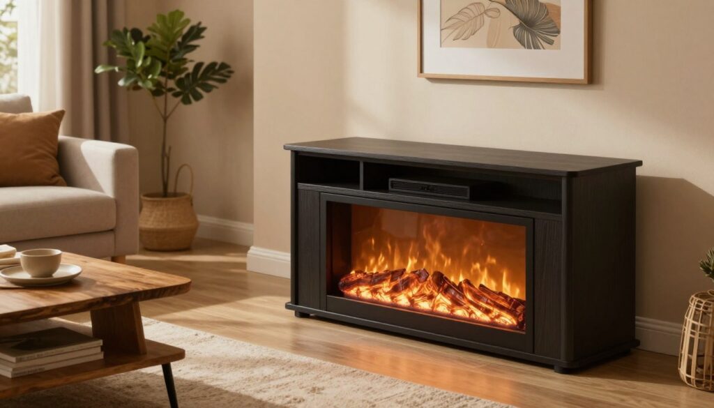 A stylish electric fireplace entertainment center on sale, prominently placed in a cozy living room setting. The foreground features a sleek TV stand with an integrated electric fireplace, glowing gently with warm, flickering flames. In the middle ground, add comfortable furniture like a modern sofa and a rustic coffee table, creating an inviting atmosphere. The background shows a softly lit room with warm color tones, tasteful wall art, and decorative plants, enhancing the homely feel. Use natural lighting from a nearby window, casting gentle shadows, and employ a slightly elevated angle to showcase the entire arrangement. The mood is welcoming and relaxed, conveying the idea of perfect family gatherings around the fireplace.