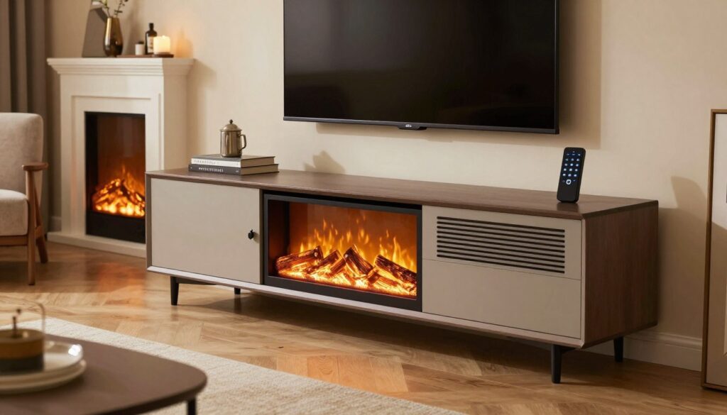 A stylish fireplace TV stand designed with heat protection features, prominently displayed in a cozy living room setting. In the foreground, focus on a modern, sleek console unit with built-in ventilation and smart technology, showcasing its innovative design elements such as adjustable shelving and remote control functionality. The middle ground includes a softly glowing electric fireplace, providing warmth and ambiance, alongside a large flat-screen TV mounted above the unit. In the background, a tastefully arranged living room with warm lighting creates an inviting atmosphere, highlighting comfortable furniture and decorative accents. The angle of the shot is slightly elevated, capturing the elegance of the fireplace stand while ensuring the overall mood is welcoming and contemporary.