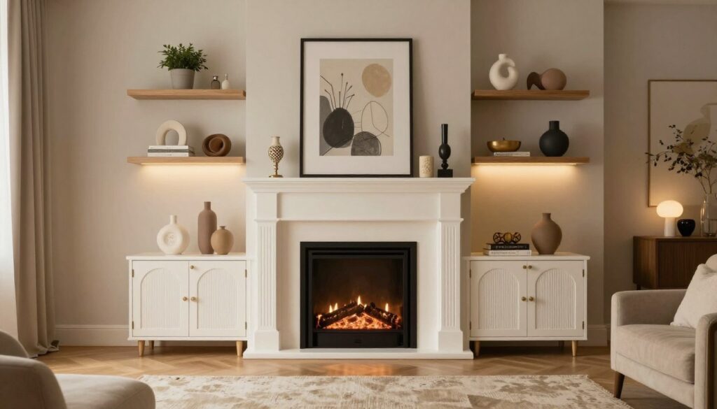 A stylish living room featuring a beautifully decorated fireplace TV console. In the foreground, the console is adorned with elegant decorative elements like decorative vases and books. Above, a combination of framed artwork and floating shelves showcases carefully chosen pieces such as small plants, sculptural objects, and curated accessories, creating an eye-catching focal point. The middle ground includes the modern fireplace, elegantly designed, surrounded by soft, ambient lighting that casts a warm glow throughout the room. In the background, neutral-colored walls enhance the cozy atmosphere, while a plush area rug and comfortable seating arrangements provide an inviting feel. The scene is well-lit, emphasizing a harmonious blend of aesthetics and comfort, captured from a slightly elevated angle to offer a comprehensive view.