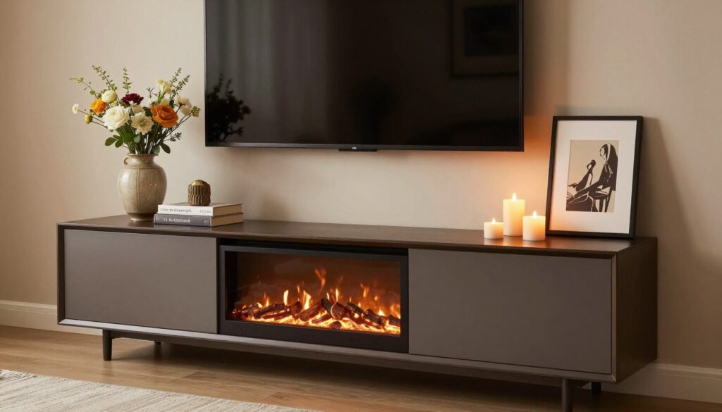 A stylish living room featuring a beautifully decorated fireplace TV unit, showcasing a balanced arrangement of decorative elements. In the foreground, a sleek, modern TV unit adorned with a chic vase of fresh flowers, a few carefully placed books, and a framed artwork on either side. In the middle, the fireplace exudes warmth with flickering flames, complemented by strategically placed candles for a cozy ambiance. The background is softly illuminated with warm, ambient lighting, enhancing the inviting atmosphere. The room has neutral-toned walls and a subtle rug beneath the unit, adding texture. Capture the scene from a slightly angled perspective, emphasizing the harmony and balance of the decorations, with rich hues that evoke a sense of comfort and style.