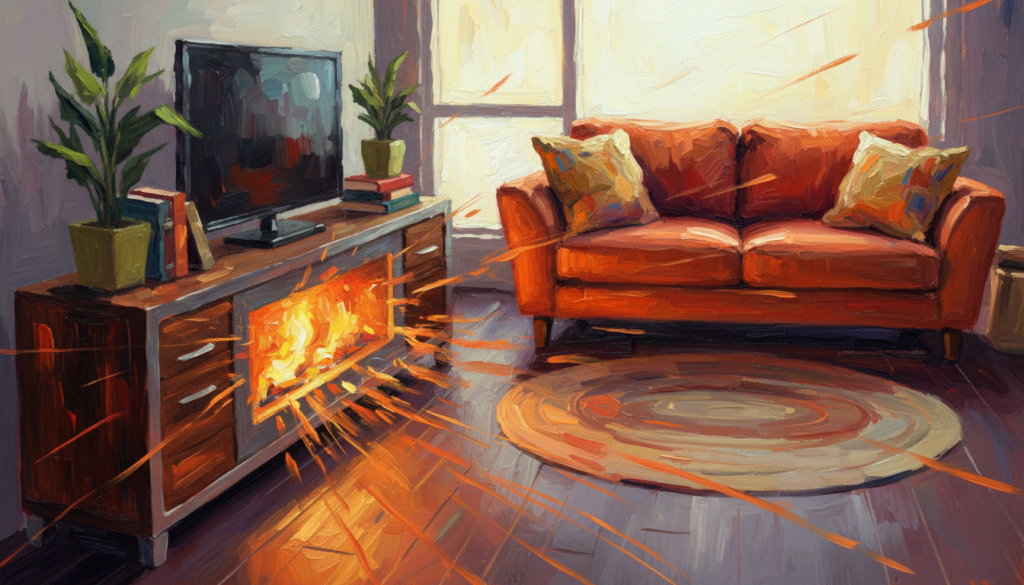 A stylish living room featuring a fireplace TV stand in the foreground, glowing softly with simulated flames to illustrate its heat output. The TV stand is adorned with decorative elements, such as plants and books, enhancing the cozy atmosphere. In the middle ground, a comfortable sofa is positioned, with warm colors and inviting textures. Soft ambient lighting fills the room, creating a homely mood as shadows dance around the corners. The background reveals a subtle view of a window, allowing natural light to filter in, complementing the warmth from the fireplace stand. The angle captures the entire scene from a slightly elevated perspective, allowing viewers to appreciate both the fireplace's charm and the overall heat-producing effect in the living room.