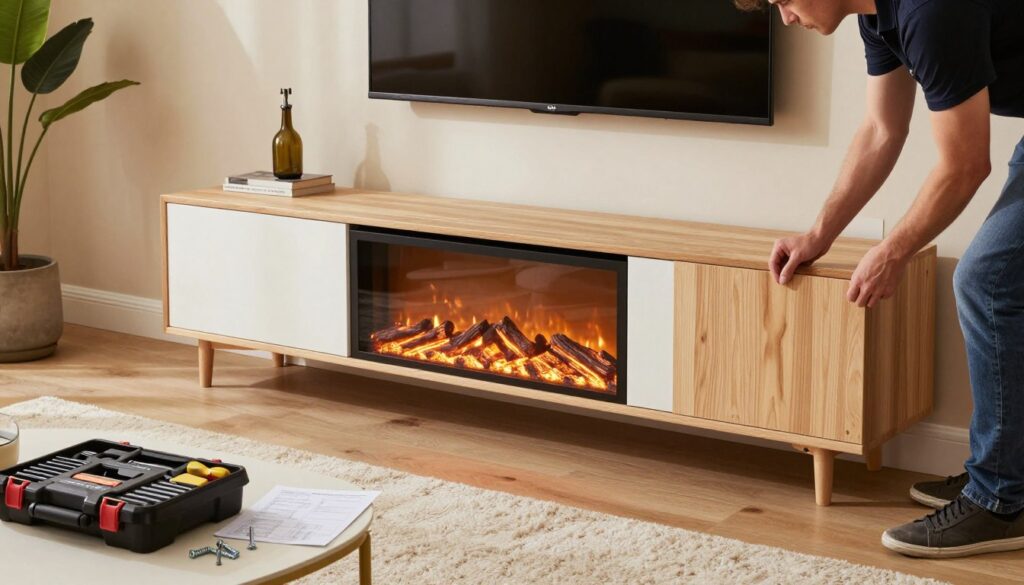 A stylish living room featuring a fireplace integrated into a modern TV stand, showcasing a DIY assembly process. In the foreground, a neatly organized toolkit, including a screwdriver and screws, alongside assembly instructions on a small table. In the middle, a person in casual yet professional attire carefully attaching wooden panels of the TV stand with a focused expression. The fireplace emits a warm glow, enhancing the cozy atmosphere. In the background, soft lighting highlights a serene setting with neutral-colored walls, a plush rug, and decorative plants, creating a welcoming ambiance. The composition captures the essence of installation ease and the benefits of a fireplace TV stand, evoking inspiration and practicality. A stylish living room featuring a fireplace integrated into a modern TV stand, showcasing a DIY assembly process. In the foreground, a neatly organized toolkit, including a screwdriver and screws, alongside assembly instructions on a small table. In the middle, a person in casual yet professional attire carefully attaching wooden panels of the TV stand with a focused expression. The fireplace emits a warm glow, enhancing the cozy atmosphere. In the background, soft lighting highlights a serene setting with neutral-colored walls, a plush rug, and decorative plants, creating a welcoming ambiance. The composition captures the essence of installation ease and the benefits of a fireplace TV stand, evoking inspiration and practicality.