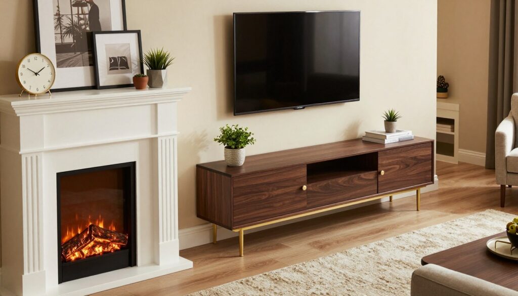 A stylish living room featuring a fireplace media console, elegantly decorated to achieve a designer look. In the foreground, a chic white mantle with minimalist decor items like a contemporary clock, framed artwork, and a few potted plants. The middle area showcases a modern TV mounted above the media console with soft ambient lighting illuminating the scene. The console itself is sleek, made from dark wood with gold accents, providing contrast and sophistication. In the background, a cozy, plush area rug and tastefully chosen furniture complete the inviting atmosphere. The image is well-lit, with warm, inviting tones and soft shadows, creating a harmonious balance and a sense of luxury, captured from a slightly elevated angle to enhance depth.