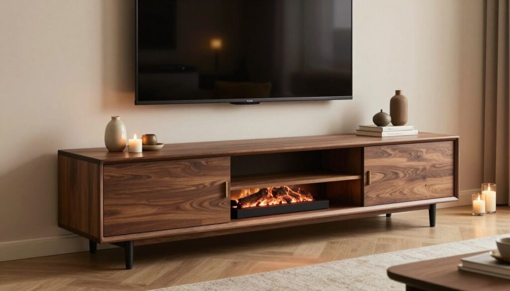 A stylish living room featuring a modern fireplace TV stand that emphasizes functionality and aesthetics. In the foreground, showcase a sleek TV stand made of dark wood, with an open space for the fireplace and well-ventilated shelves underneath for storage. In the middle, a flat-screen TV mounted above the stand, complemented by decorative items and cozy accessories like candles and books. The background includes a warm ambiance created by soft, diffused lighting, with a gentle glow from the fireplace, hinting at comfort and relaxation. Use a wide-angle lens perspective to capture depth, with a focus on the stand and fireplace, ensuring the room feels inviting and well-organized. The overall mood conveys sophistication and harmony between form and function.