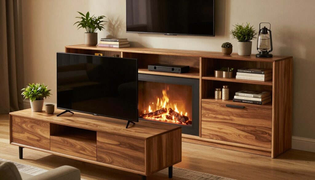A stylish living room featuring an IKEA Bestå cabinet system cleverly repurposed as a fireplace TV stand foundation. In the foreground, the Bestå cabinet holds a flat-screen TV, surrounded by neatly arranged decorative items like plants and books. The middle layer shows a modern fireplace setup, designed to blend seamlessly with the cabinet's sleek lines and warm wood finishes. In the background, soft ambient lighting casts a cozy glow throughout the room, enhancing the inviting atmosphere. The scene is captured from a slightly elevated angle, emphasizing the elegance and functionality of the Bestå cabinet in a contemporary home setting. The image should feel warm and sophisticated, perfect for showcasing innovative furniture solutions.
