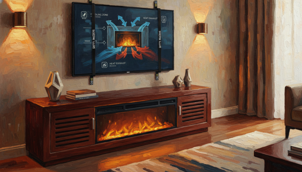A stylish living room featuring an elegant electric fireplace console with a mounted television above it, showcasing critical safety features. The console is modern and sleek, made of polished wood with ventilation grills, ensuring proper airflow around the device. The TV is securely anchored to the wall, with safety straps visibly demonstrating its stability. Soft, ambient lighting creates a warm and inviting atmosphere, highlighting the textures of the furniture. In the background, a cozy rug and simple, tasteful decor complement the scene, enhancing the overall aesthetic. The angle is slightly overhead, capturing both the console and fireplace while emphasizing the safety features in an informative yet appealing manner. No people are present in the image.