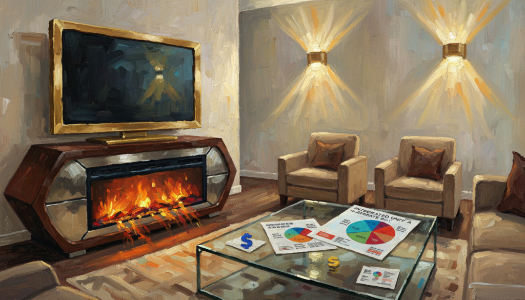 A stylish living room scene featuring a modern TV console integrated with an electric fireplace, designed for cost comparison analysis. In the foreground, a sleek TV console showcasing an elegantly framed TV screen above a realistic electric fireplace, emitting a warm, inviting glow. In the middle, a stylish coffee table adorned with brochures and comparison charts on various fireplace TV stands versus separate units, highlighting features and prices. In the background, a cozy living room ambiance with soft lighting from two sconces and a warm, neutral color palette, creating a welcoming atmosphere. Wide-angle view captures the entire setup, emphasizing both functionality and comfort, ideal for a thoughtful cost analysis.