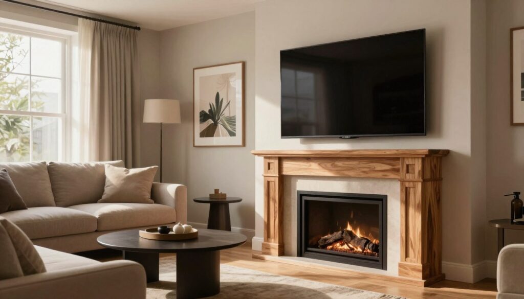 A stylish living room showcasing a sleek TV mounted above a fireplace stand, harmoniously integrated into the room's design. The foreground features the fireplace stand, crafted from natural wood with intricate details, elegantly supporting the large flat-screen TV. The middle layer includes a well-furnished seating area with a cozy sofa adorned with soft cushions, flanked by contemporary side tables. In the background, soft wall colors and tasteful artwork enhance the room’s aesthetic. Warm, ambient lighting creates a welcoming atmosphere, with sunlight streaming in through large windows, casting gentle shadows. The camera angle captures the entire setup, focusing on the proportional relationship between the TV, fireplace stand, and surrounding furniture, encapsulating the ideal visual weight and room proportions.