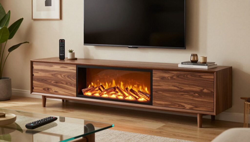 A stylish modern living room featuring a sophisticated fireplace TV stand with smart features and a remote control in focus. The stand is elegantly designed with a combination of sleek wood and glass, displaying a flat-screen TV above a glowing electric fireplace. In the foreground, a remote control sits on a glass coffee table, symbolizing convenience. The middle layer showcases the fireplace emitting a warm glow, enhancing the ambiance. The background consists of soft, neutral-colored walls and tasteful decor, including plants and minimalist artwork. The atmosphere is cozy and inviting, illuminated by soft, warm lighting that creates a peaceful and modern living space, perfect for relaxation. The angle is slightly elevated, capturing both the fireplace TV stand and its surrounding comfort.