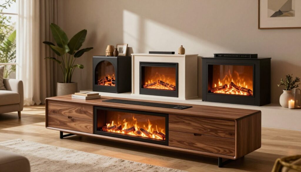 A stylish modern living room featuring top-rated TV stand fireplaces of 2025. In the foreground, a sleek wooden TV stand with an integrated electric fireplace displaying realistic flames. The middle ground showcases various high-end fireplace inserts designed for furniture, emphasizing innovative designs with a mix of contemporary aesthetics and functionality. The background includes cozy decor elements like potted plants, a soft area rug, and warm, ambient lighting that enhances the inviting atmosphere. The perspective is from eye level, capturing an inviting and sophisticated setting, with natural light filtering through a large window, casting gentle shadows. The overall mood is warm and serene, highlighting the elegance of modern living spaces. A stylish modern living room featuring top-rated TV stand fireplaces of 2025. In the foreground, a sleek wooden TV stand with an integrated electric fireplace displaying realistic flames. The middle ground showcases various high-end fireplace inserts designed for furniture, emphasizing innovative designs with a mix of contemporary aesthetics and functionality. The background includes cozy decor elements like potted plants, a soft area rug, and warm, ambient lighting that enhances the inviting atmosphere. The perspective is from eye level, capturing an inviting and sophisticated setting, with natural light filtering through a large window, casting gentle shadows. The overall mood is warm and serene, highlighting the elegance of modern living spaces.