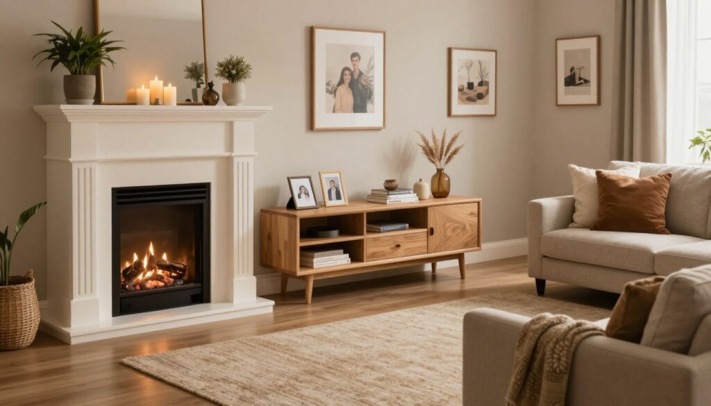 A stylishly arranged fireplace entertainment center in a cozy living room. In the foreground, the fireplace is elegantly decorated with a modern mantelpiece that features potted plants and decorative candles, emanating a warm glow. The TV stand beneath, made of natural wood, is adorned with harmonious decor items like framed family photos, stylish books, and a few carefully selected decorative objects. In the middle, an area rug adds texture and warmth, while the seating arrangement consists of comfortable sofas and plush cushions, inviting relaxation. In the background, soft lighting creates an inviting atmosphere, and subtle wall art complements the cohesive color palette. The angle is slightly elevated, capturing the full elegance of the space, evoking a sense of comfort, style, and tranquility.