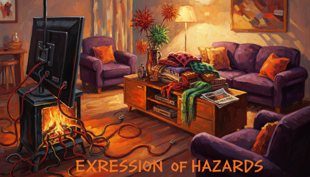 A vibrant and detailed living room featuring an electric fireplace media console, highlighting common setup mistakes that could compromise safety. In the foreground, display an improperly placed TV too close to the flame or with cables tangled near the heat source. The middle ground showcases a stylish media console but includes clutter, such as flammable materials like blankets and decorative items piled on top. The background reveals a warm, inviting atmosphere with soft lighting and cozy furnishings, emphasizing potential hazards. Use a wide-angle lens to capture the entire setup from a slightly elevated perspective, creating a professional and informative mood.