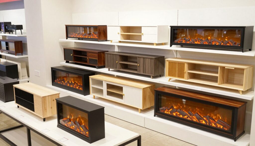 A vibrant and modern retail environment showcasing various electric fireplace TV stands arranged neatly on display shelves. In the foreground, a well-organized table highlights price tags of different models, suggesting a price comparison scenario. The middle section features a diverse selection of stylish electric fireplace TV stands, each with unique designs—some minimalistic, others ornate—with visible details like wood grain textures and glowing fireplace effects. The background includes a bright, well-lit store atmosphere with soft, diffused lighting, emphasizing a welcoming shopping experience. Capture the scene from a slightly elevated angle to provide a comprehensive view, reflecting a thoughtful and informative mood that helps potential buyers envision their options.