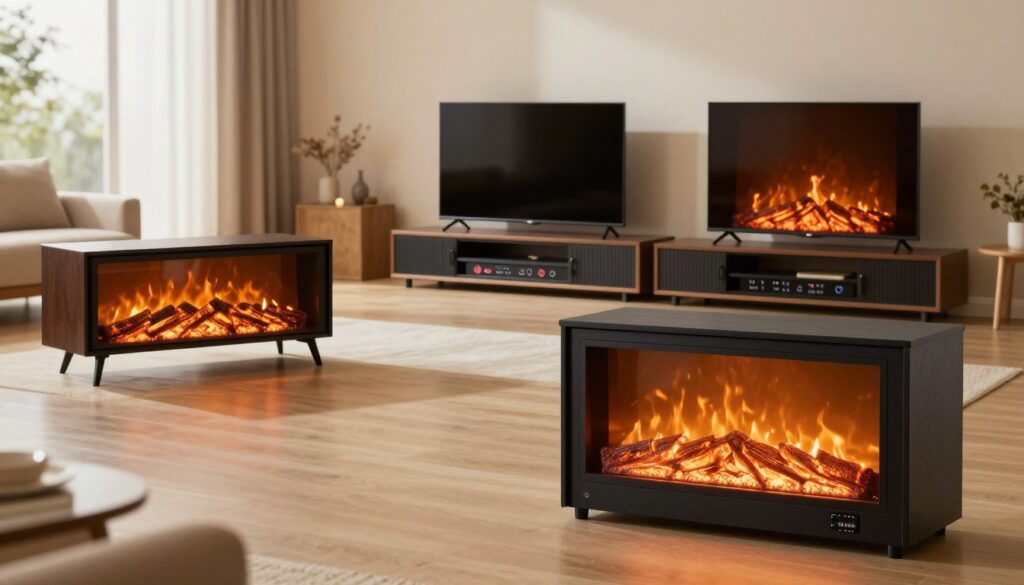 A visually appealing comparison scene featuring three different electric fireplace TV stands arranged in a well-lit living room setting. The foreground should include a sleek, modern TV stand with an electric fireplace, displaying glowing flames and warmth. In the middle, position two additional TV stands, showcasing varying heat output specifications, with clear indicators for room coverage. The background should consist of a cozy, stylish room with warm, inviting lighting and a comfortable seating area, creating a serene atmosphere. Set the scene with a slight depth of field effect to focus on the fireplace stands while keeping the background slightly blurred. Use natural lighting to enhance the warmth and inviting feel of the space. Ensure the overall mood is informative yet homey, perfect for illustrating the concept of heat output and room coverage for electric fireplace TV stands.