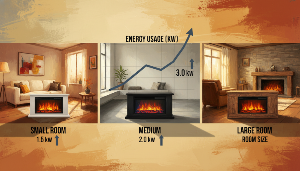 A visually striking diagram illustrating energy usage of media console fireplaces in living spaces of various sizes. In the foreground, feature three distinct media console fireplaces—each with an electric flame effect—displayed in small, medium, and large rooms. In the middle section, create a temperature and energy usage chart, highlighting differences in kilowatt consumption based on room size. The background should show the three rooms with varied decor styles, like cozy modern, minimalist, and rustic. Use warm, ambient lighting to evoke a welcoming atmosphere, with soft shadows and a shallow depth of field, focusing on the fireplaces while the room details gently fade. Aim for a balanced and informative aesthetic that combines clarity with visual appeal.