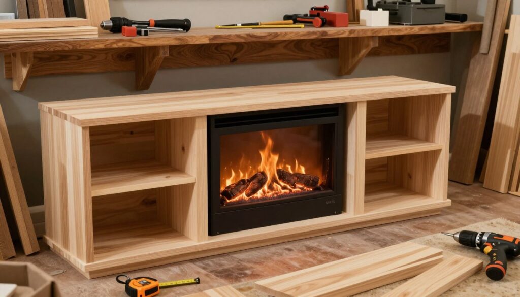 A well-constructed TV stand featuring a fireplace insert, situated in a cozy workshop setting. The foreground showcases detailed wooden pieces carefully arranged and partially assembled, with tools like a drill and measuring tape nearby. In the middle, the fireplace insert is being built, displaying its frame and a realistic flickering flame effect that illuminates the workspace. The background features shelves with rich wood grains displaying additional tools and wood planks. Soft, warm lighting fills the scene, emphasizing the craftsmanship and the inviting atmosphere of a home improvement project. The camera angle is slightly tilted from above, providing a clear view of the construction process while maintaining a focus on the fireplace housing details. A well-constructed TV stand featuring a fireplace insert, situated in a cozy workshop setting. The foreground showcases detailed wooden pieces carefully arranged and partially assembled, with tools like a drill and measuring tape nearby. In the middle, the fireplace insert is being built, displaying its frame and a realistic flickering flame effect that illuminates the workspace. The background features shelves with rich wood grains displaying additional tools and wood planks. Soft, warm lighting fills the scene, emphasizing the craftsmanship and the inviting atmosphere of a home improvement project. The camera angle is slightly tilted from above, providing a clear view of the construction process while maintaining a focus on the fireplace housing details.