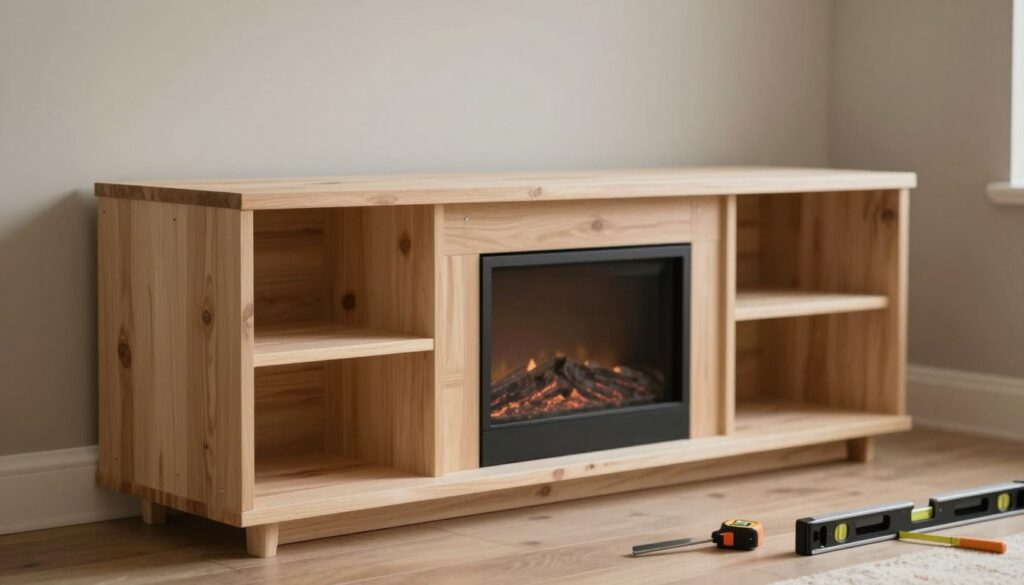A well-constructed corner fireplace TV stand framing structure, showcasing wooden beams and boards in a partially assembled state. In the foreground, detailed texture of the wood is visible, with some tools like a measuring tape and level arranged nearby. The middle section features the fireplace opening framed in a modern style, with a hint of an electric fireplace unit peeking through. The background displays a neutral-toned wall, emphasizing the structure's design. Soft, warm lighting illuminates the area, creating a cozy atmosphere, while a slightly blurred depth of field focuses on the intricacies of the framing. The overall mood is inviting and functional, highlighting the DIY spirit of crafting a personalized corner entertainment unit.
