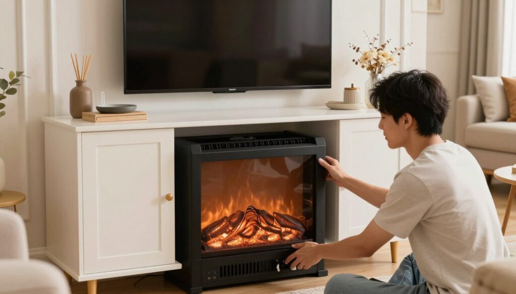 A well-lit living room scene featuring a person in casual attire carefully removing an electric fireplace from a stylish entertainment center. The foreground shows the individual gripping the fireplace, showcasing their focused expression. In the middle, the entertainment center displays a variety of decorative items and the area where the fireplace is mounted, with visible wires and connectors. The background reveals a cozy living space with soft lighting, a large TV mounted above the center, and comfortable furniture like a sofa and a coffee table. The mood is informative and practical, perfect for a home improvement guide, with a warm and inviting atmosphere emphasizing organization and cleanliness.
