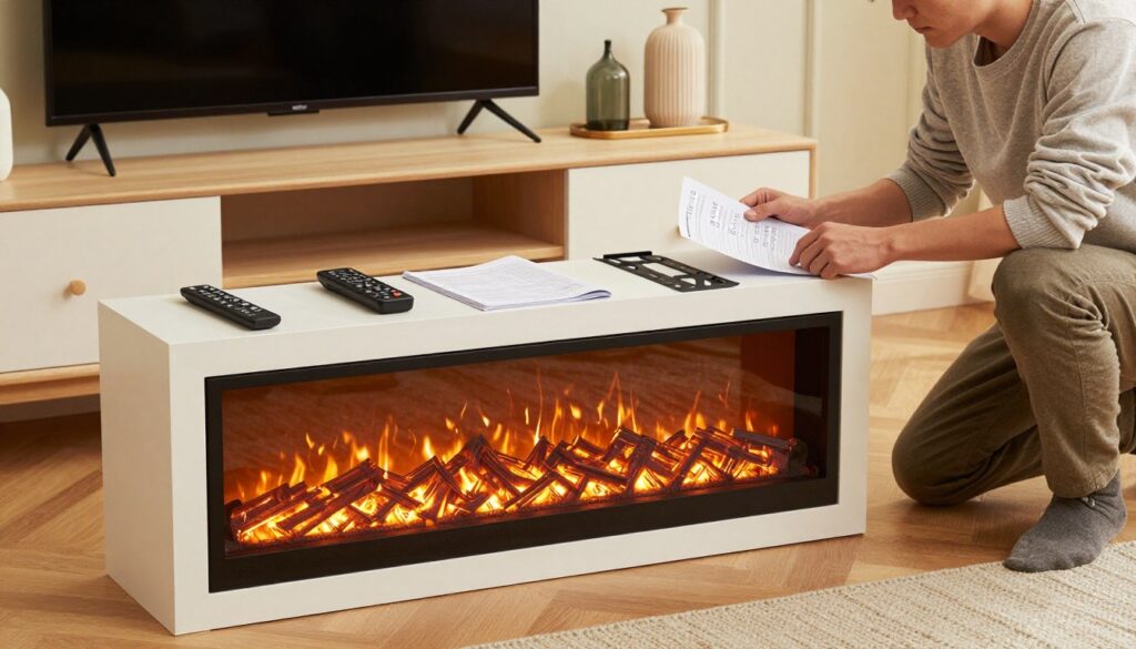 A well-lit living room scene focusing on a carefully unboxed electric fireplace mounted within a stylish TV cabinet. In the foreground, the electric fireplace unit is prominently displayed along with its accessories neatly arranged, including the remote control, installation manual, and mounting brackets. In the middle ground, a person in modest casual clothing is inspecting the parts, checking off a list with a focused expression. The background features a modern TV cabinet with decorative elements and a cozy ambiance, illuminated by soft, warm lighting that highlights the textures of the furniture. The angle captures both the fireplace and the person engaged in the unboxing process, creating an informative and inviting atmosphere.