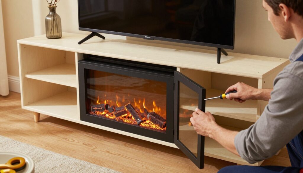 A well-lit scene depicting the assembly of a Walker Edison 70 Inch Fireplace TV Stand, focusing on the door installation process. In the foreground, a person in professional attire is attentively aligning the fireplace doors, using a screwdriver and displayed assembly tools. The middle ground showcases the partially assembled TV stand, with visible components like shelves and the fireplace insert, while the background features a warm, inviting living room with soft lighting, a cozy ambiance, and a stylish décor. The atmosphere should be practical and instructional, demonstrating a step-by-step setup with clarity and organization. The camera angle is slightly above eye level, capturing the action in a detailed and engaging manner, emphasizing the intricate parts of the installation without distractions.
